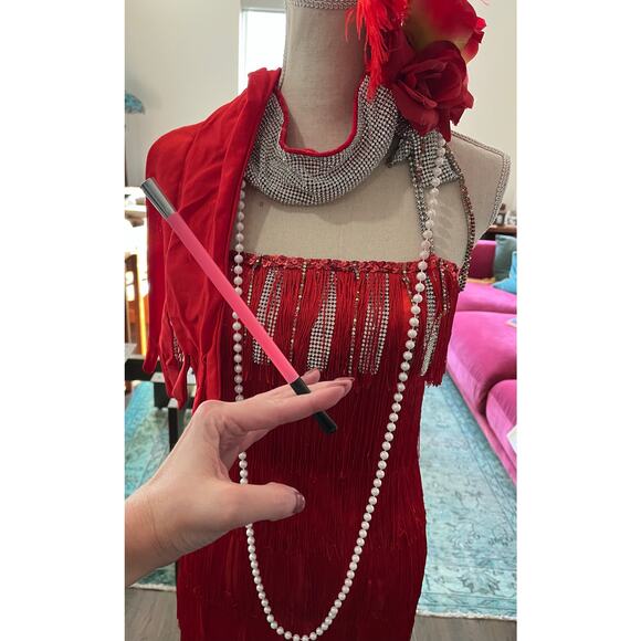 Red 1920s Flapper Dress Costume Set Headpiece Gloves Boa Wig Necklace Sz 4 Small - Picture 8 of 16